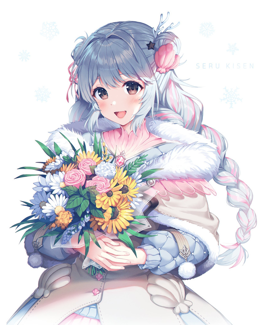 1girl :d aqua_hair bangs bouquet braid brown_eyes character_name commentary double_bun english_commentary flower fur_trim hair_bun hair_intakes hair_ornament highres holding holding_bouquet long_hair looking_at_viewer multicolored_hair open_mouth pink_hair satchely seru_kisen smile solo two-tone_hair upper_body virtual_youtuber virtuality_project