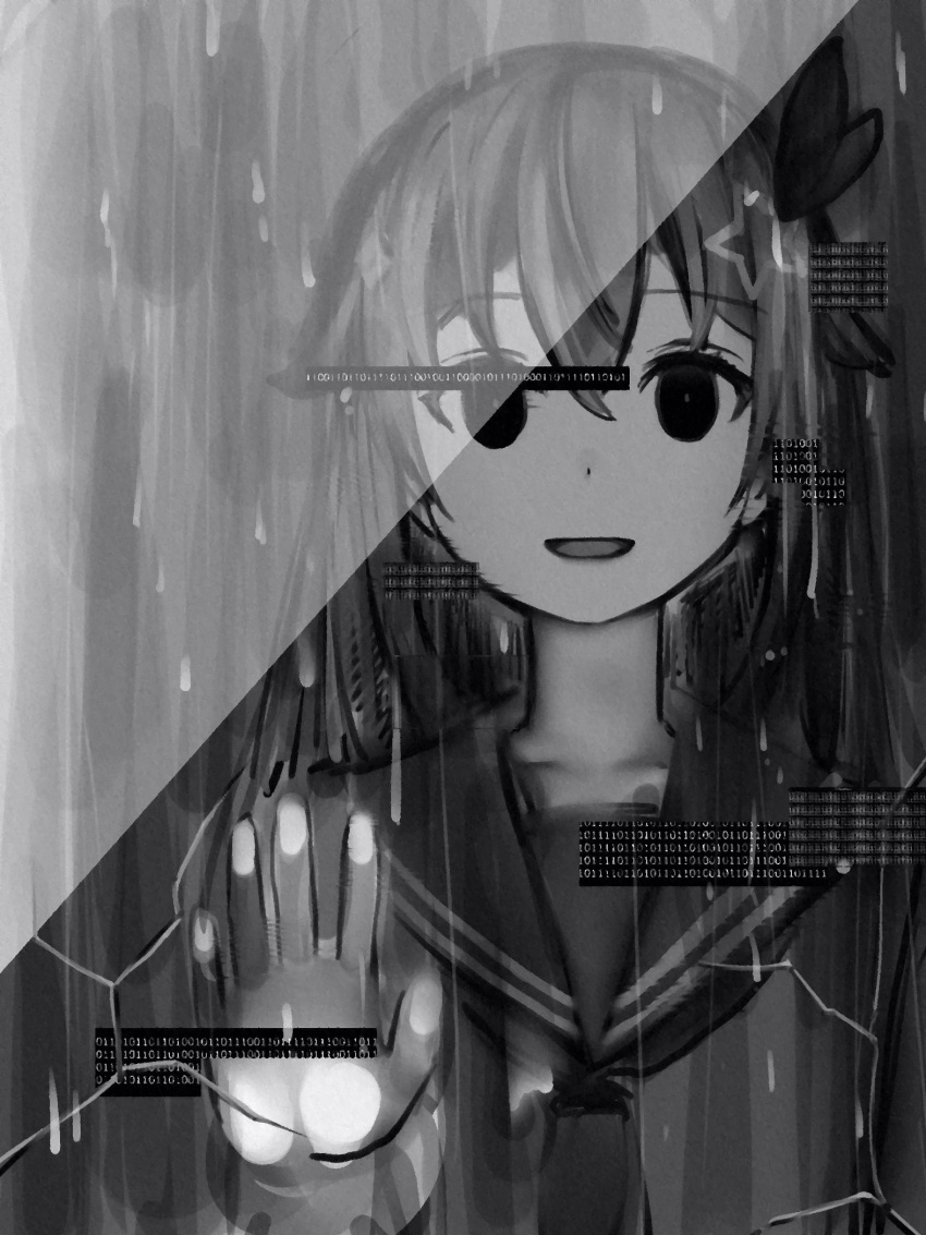 1girl :d against_fourth_wall against_glass binary bow cracked_glass dot_nose empty_eyes glitch greyscale hair_between_eyes hair_bow hair_flaps hair_ornament hand_up highres hololive hololive_error horror_(theme) long_hair looking_at_viewer monochrome nanashi_(nlo) open_mouth school_uniform serafuku smile solo star_(symbol) star_hair_ornament tokino_sora virtual_youtuber