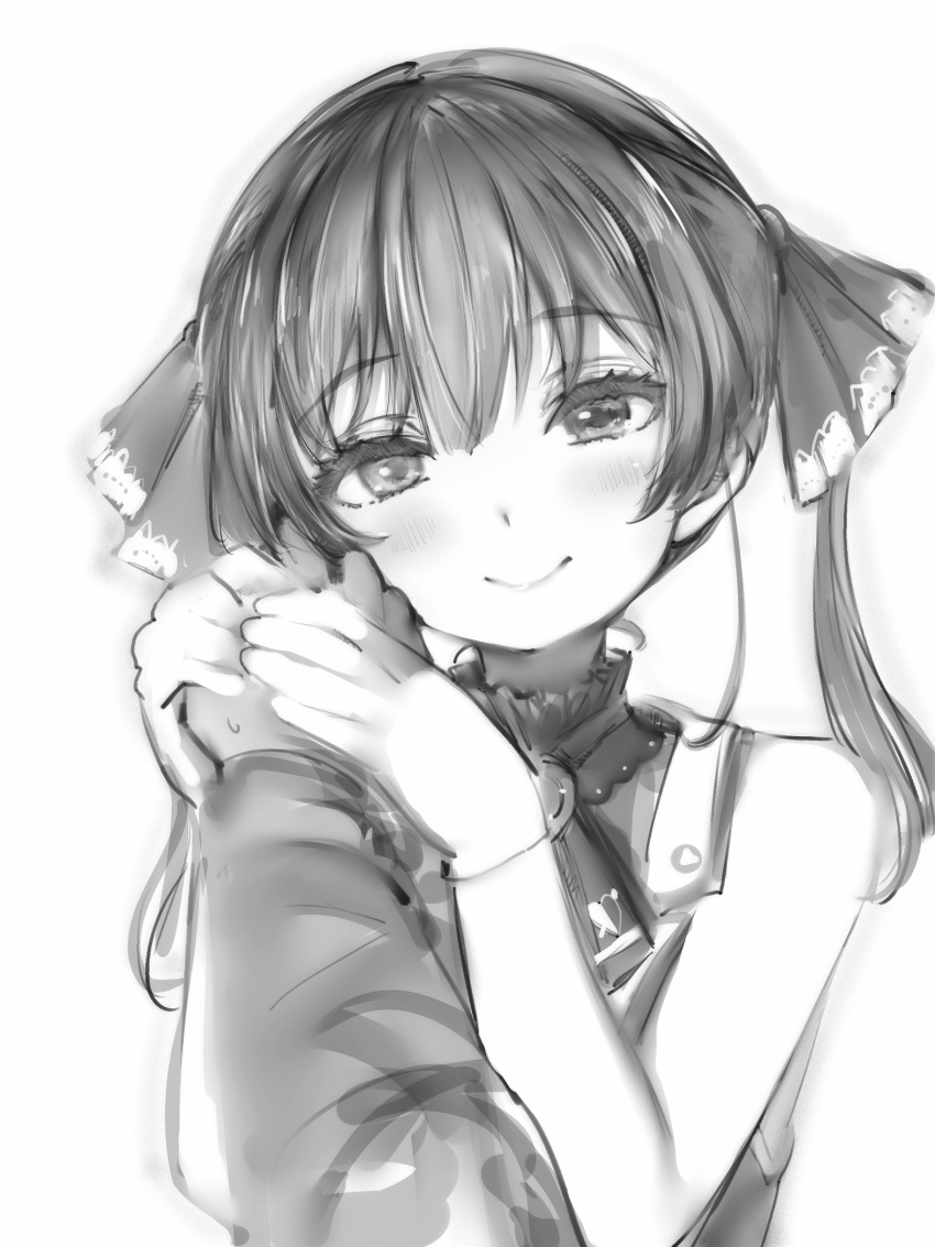 1girl bare_shoulders blush gloves greyscale hand_grab hand_on_another's_cheek hand_on_another's_face head_tilt highres hololive houshou_marine looking_at_viewer monochrome nanashi_(nlo) no_eyepatch pov pov_hands simple_background smile solo_focus twintails upper_body virtual_youtuber white_background