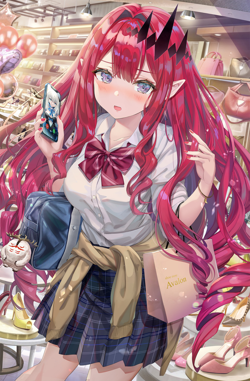 1girl bag bangs blue_skirt breasts cellphone cernunnos_(fate) clothes_around_waist collared_shirt contemporary earrings fairy_knight_tristan_(fate) fate/grand_order fate_(series) grey_eyes highres jewelry long_hair looking_at_viewer medium_breasts morgan_le_fay_(fate) open_mouth phone pink_hair plaid plaid_skirt pointy_ears shirt shopping_bag short_sleeves sidelocks skirt sweater sweater_around_waist thighs tiara torino_akua white_shirt yellow_sweater