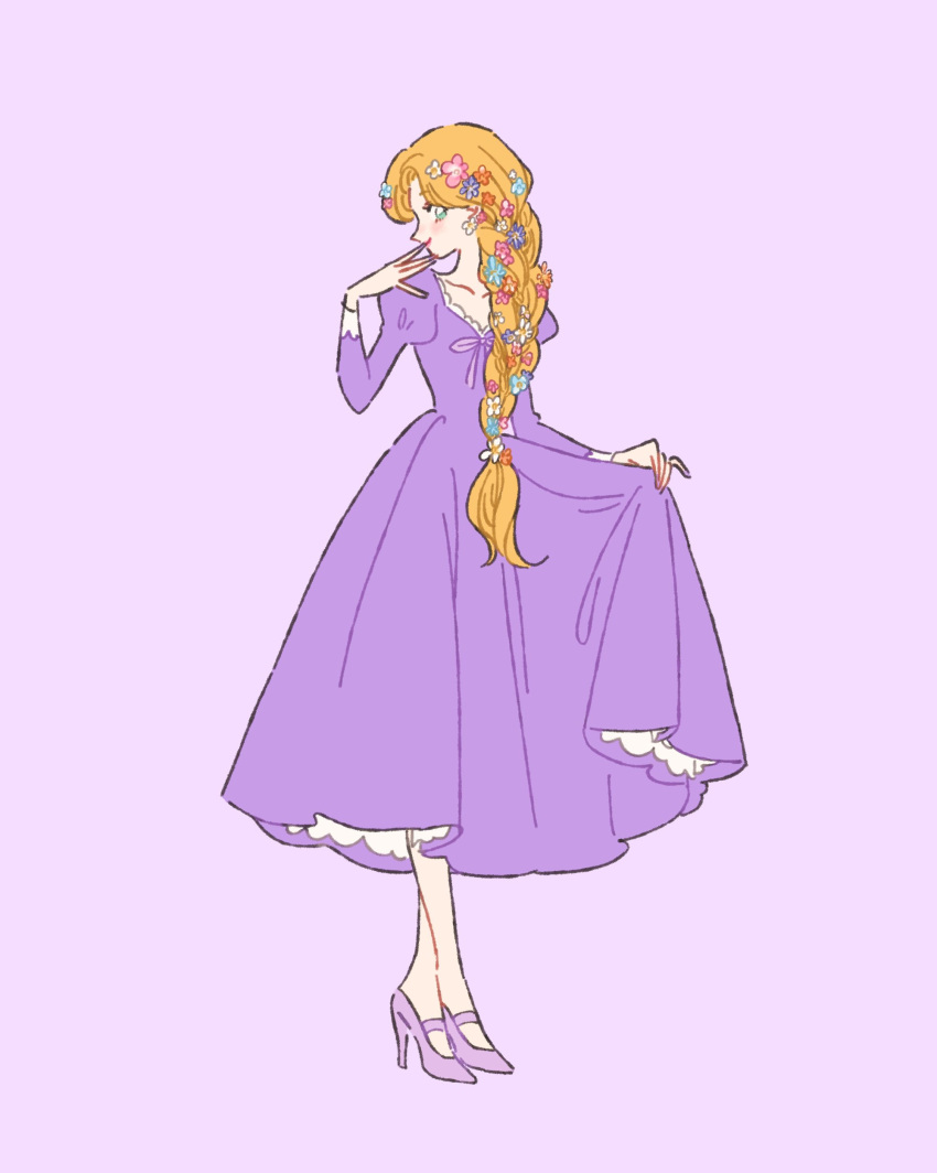 1girl absurdres blonde_hair braid daisy disney dress flower full_body green_eyes hair_flower hair_ornament high_heels highres lavender_background long_hair long_sleeves looking_at_viewer pink_ribbon princess puffy_sleeves purple_dress purple_footwear rapunzel_(disney) ribbon rikuwo shoes side_braid solo tangled very_long_hair