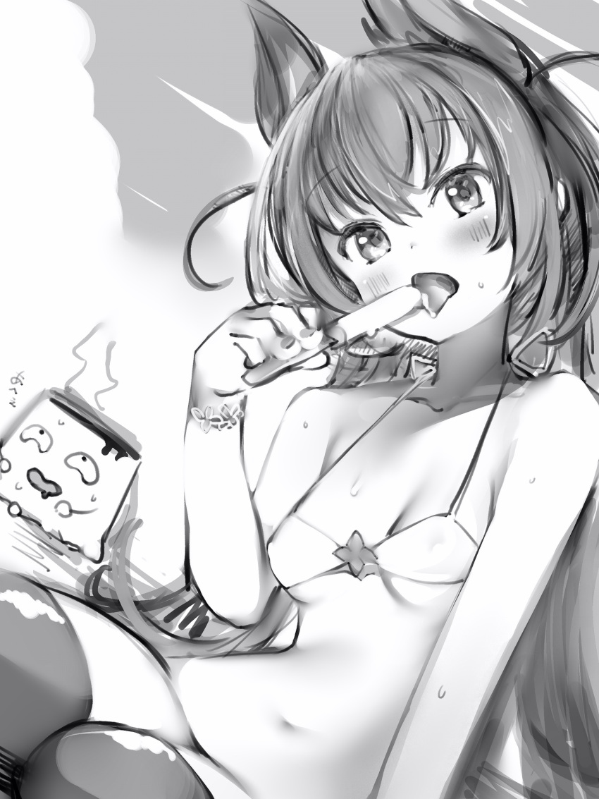 1girl animal_ears bikini blush breasts covered_nipples food greyscale head_tilt highres hirasaka_mei_(vtuber) indie_virtual_youtuber long_hair looking_at_viewer monochrome nanashi_(nlo) navel popsicle pudding small_breasts solo sweat swimsuit thighhighs virtual_youtuber