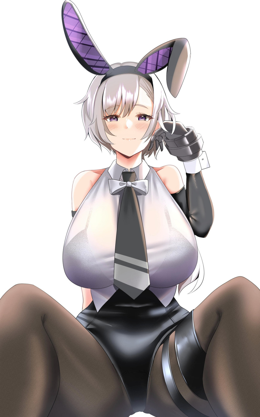1girl absurdres animal_ears arm_behind_back arm_strap azur_lane bangs bare_shoulders black_bra black_gloves black_hairband black_legwear black_leotard black_neckwear blush bow bowtie bra breasts closed_mouth collarbone commentary cowboy_shot crop_top elbow_gloves eyebrows_visible_through_hair fake_animal_ears gloves grey_hair hair_between_eyes hairband hand_up highres large_breasts leotard leotard_under_clothes long_hair looking_at_viewer low_ponytail metal_gloves nail_polish necktie official_alternate_costume pantyhose parted_hair playboy_bunny purple_eyes rabbit_ears reno_(azur_lane) reno_(reno_bunnino)_(azur_lane) see-through_shirt shirt side-tie_leotard sideboob sidelocks simple_background single_elbow_glove sitting sleeveless sleeveless_shirt smile solo thigh_strap underwear white_background white_neckwear white_shirt wrist_cuffs yoru_(77957792)