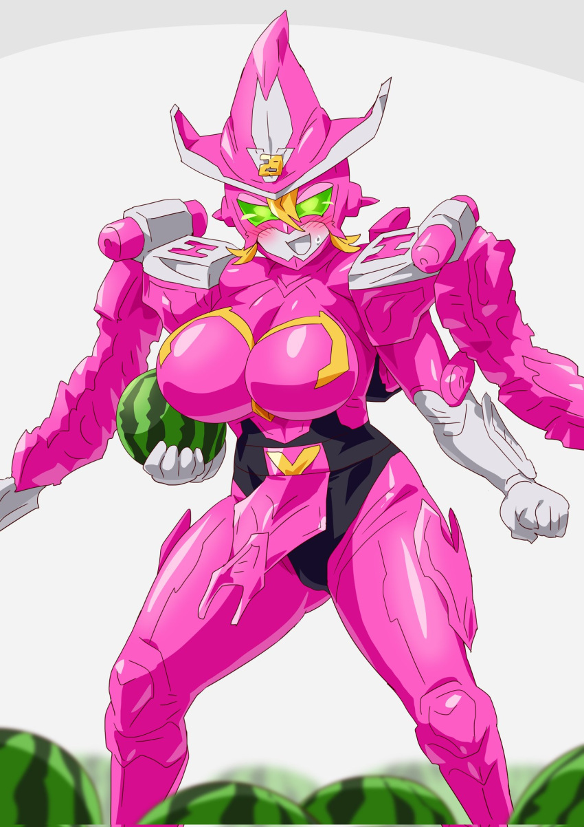 1girl blonde_hair breasts colored_skin dragon_girl food fruit green_eyes hat highres kikai_sentai_zenkaiger mecha mechanical_wings otokamu pink_skin robot tokusatsu watermelon wings witch witch_hat zenkai_magine