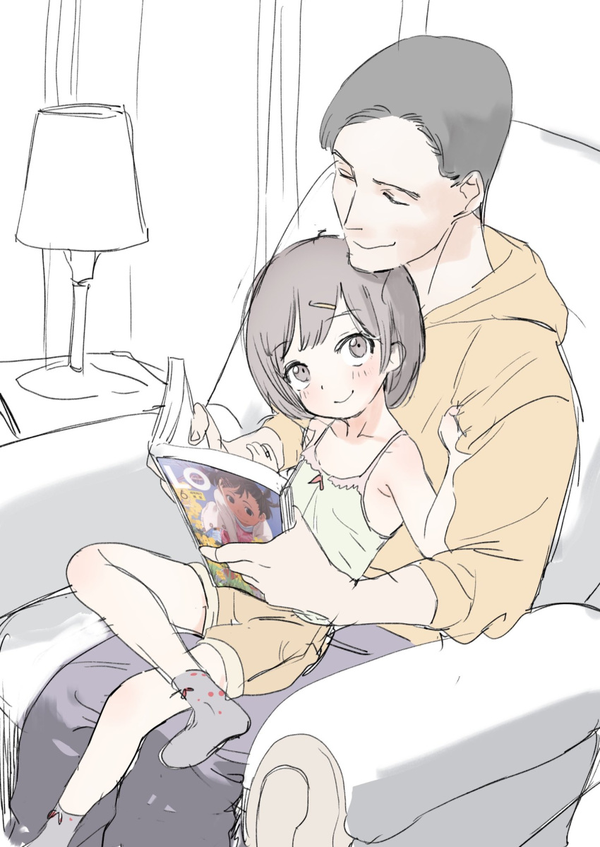 1boy 1girl age_difference armchair bad_id bad_twitter_id book camisole chair clothes_grab comic_lo dorontabi highres holding holding_book hood hoodie lamp looking_at_another magazine manga_(object) open_book original pornography short_hair shorts sitting sitting_on_lap sitting_on_person sketch smile socks takamichi