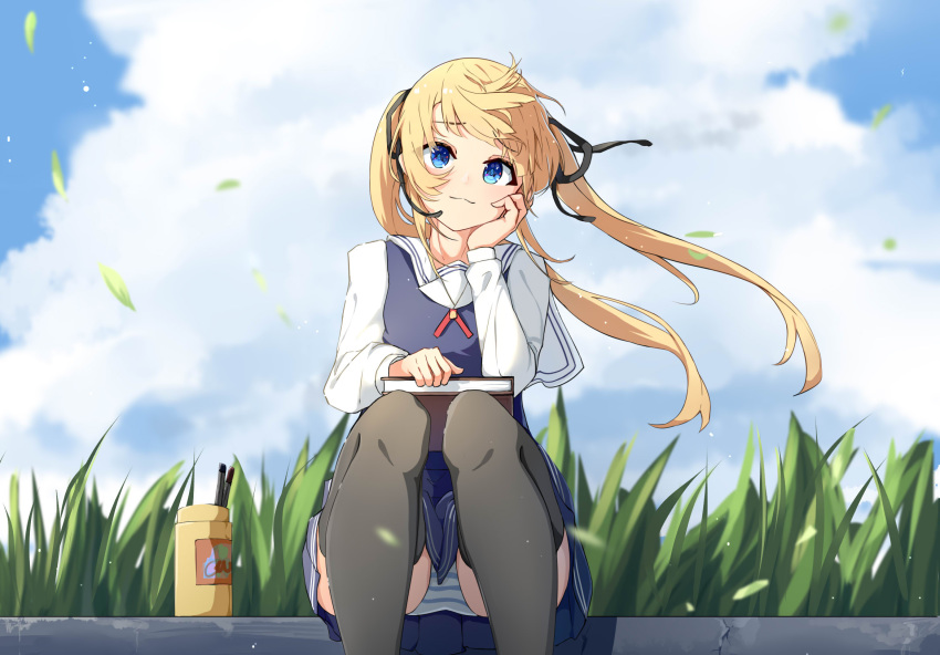 1girl :3 bangs black_legwear black_ribbon blonde_hair blue_eyes blue_skirt blue_sky book_on_lap closed_mouth cloud collared_shirt day floating_hair grass grey_vest hair_ribbon head_rest highres long_hair miniskirt outdoors panties red_ribbon revival ribbon saenai_heroine_no_sodatekata sailor_collar sailor_shirt sawamura_spencer_eriri school_uniform shirt skirt sky solo striped striped_panties swept_bangs thighhighs twintails underwear very_long_hair vest white_sailor_collar white_shirt