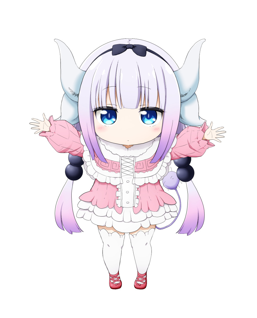 1girl bangs black_bow black_hairband blue_eyes blush bow capelet chibi closed_mouth dress eyebrows_visible_through_hair frilled_capelet frills full_body gradient_hair hair_bow hairband highres horns kanna_kamui kobayashi-san_chi_no_maidragon kuena long_hair long_sleeves low_twintails multicolored_hair multiple_horns outstretched_arms pink_dress puffy_long_sleeves puffy_sleeves purple_hair red_footwear shoes simple_background solo standing thighhighs twintails very_long_hair white_background white_capelet white_legwear