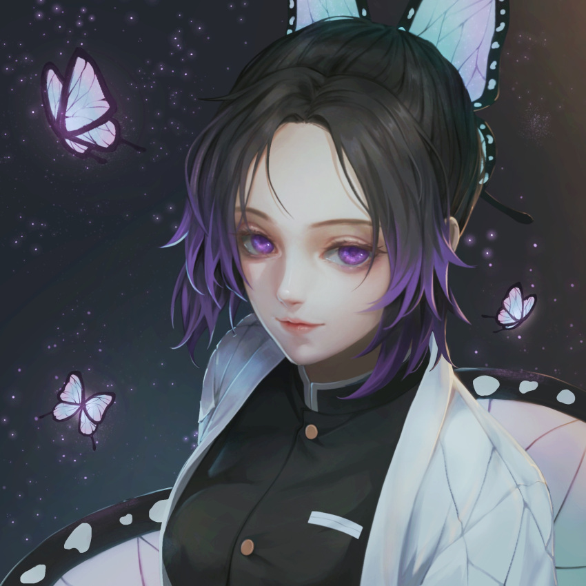 1girl black_hair black_jacket bug butterfly butterfly_hair_ornament closed_mouth evie gradient_hair hair_intakes hair_ornament haori highres insect jacket japanese_clothes kimetsu_no_yaiba kochou_shinobu looking_at_viewer multicolored_hair purple_hair shiny shiny_hair short_hair smile solo upper_body