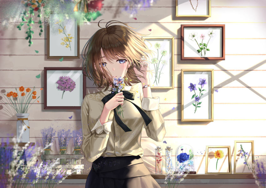 blush brown_hair flowers original purple_eyes skirt tooku0