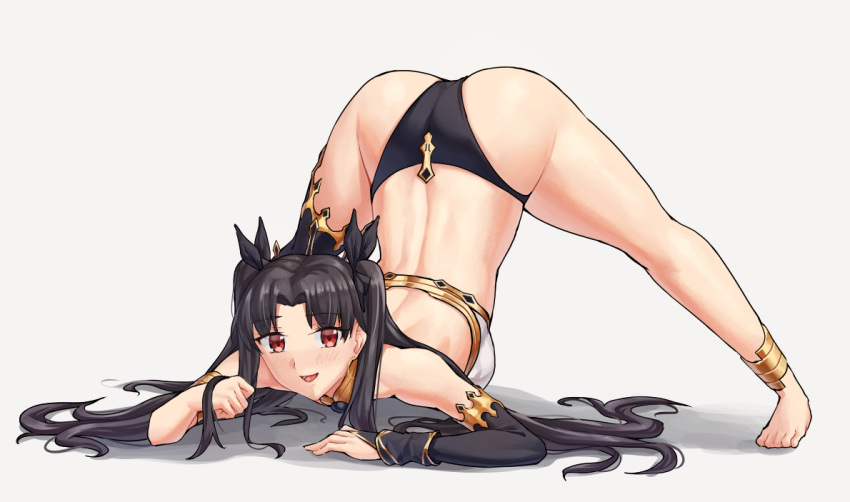 1girl anklet arm_support ass bikini black_hair blush breasts bridal_gauntlets english_commentary eyebrows_visible_through_hair fate/grand_order fate_(series) flexible full_body grey_background ishtar_(fate) ishtar_(fate)_(all) jack-o'_challenge jewelry long_hair looking_at_viewer mismatched_bikini neck_ring open_mouth red_eyes sarhce shadow simple_background single_bridal_gauntlet single_thighhigh smile solo spread_legs swimsuit thighhighs top-down_bottom-up two_side_up
