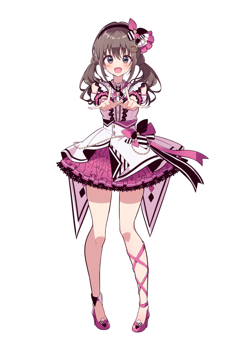 1girl :d absurdres bangs black_hairband blouse bokkun_(doyagaobyo) boots brown_eyes brown_hair center_frills clothing_cutout commentary_request eyebrows_visible_through_hair frilled_sleeves frills fujimiya_kotoha full_body hair_ornament hairband high_heel_boots high_heels highres idol looking_at_viewer low_twintails medium_hair miniskirt nail_polish neck_ribbon open_mouth palette_project pink_footwear pink_nails pink_neckwear pink_skirt ribbon short_sleeves shoulder_cutout simple_background skirt smile solo standing twintails virtual_youtuber white_background white_blouse