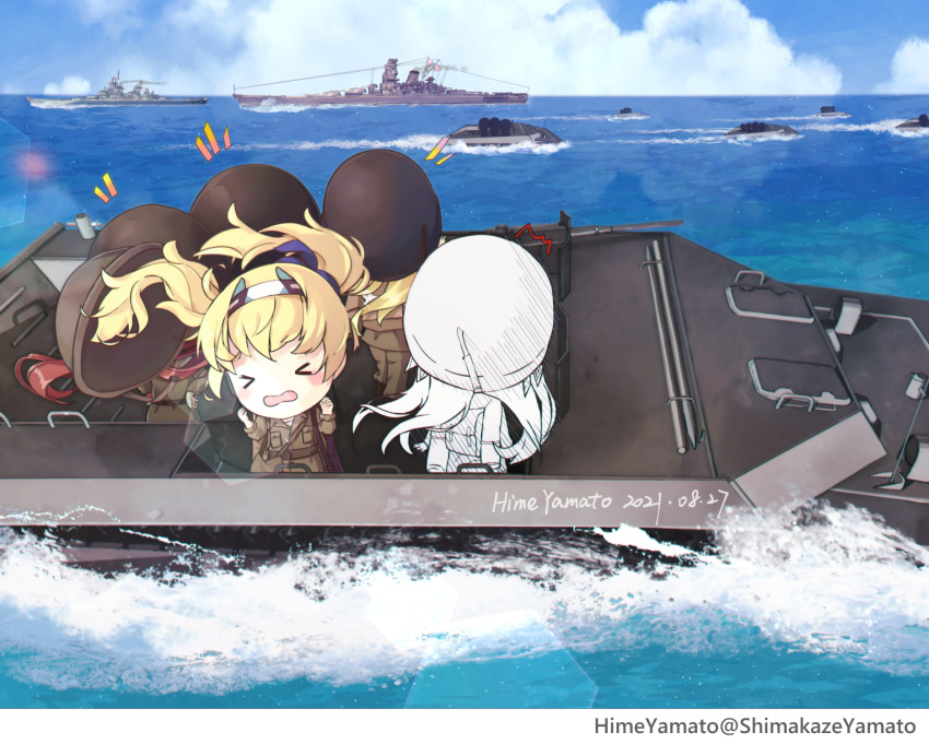 &gt;_&lt; 5girls alternate_costume artist_name battleship blonde_hair dated day gambier_bay_(kancolle) highres himeyamato johnston_(kancolle) kantai_collection long_hair long_sleeves military military_uniform military_vehicle multiple_girls ocean open_mouth ship twintails twitter_username uniform uss_iowa_(bb-61) warship watercraft yamato_(battleship)