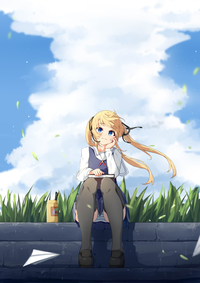 1girl :3 absurdres bangs black_legwear black_ribbon blonde_hair blue_eyes blue_skirt blue_sky book_on_lap closed_mouth cloud collared_shirt day floating_hair grass grey_vest hair_ribbon head_rest highres long_hair miniskirt outdoors panties paper_airplane red_ribbon revival ribbon saenai_heroine_no_sodatekata sailor_collar sailor_shirt sawamura_spencer_eriri school_uniform shirt skirt sky solo striped striped_panties swept_bangs thighhighs twintails underwear very_long_hair vest white_sailor_collar white_shirt