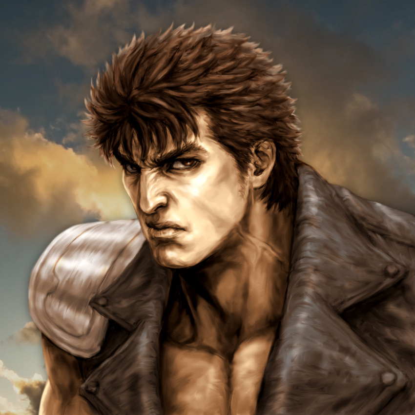 1boy blue_sky brown_eyes brown_hair closed_mouth cloud commentary_request frown hokuto_no_ken jacket kenshiro leather leather_jacket light looking_at_viewer male_cleavage manly muscular muscular_male serious short_hair shoulder_pads sky solo tsunetarou_(yasu) upper_body veins