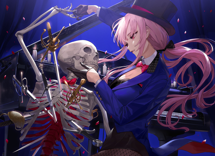 1girl alternate_costume alternate_hairstyle blue_jacket bow bowtie candle dancing ekao fishnet_legwear fishnets hand_on_another's_cheek hand_on_another's_face hat highres hololive hololive_english instrument jacket mori_calliope official_art petals piano pink_hair ponytail second-party_source skeleton solo stab sword virtual_youtuber weapon