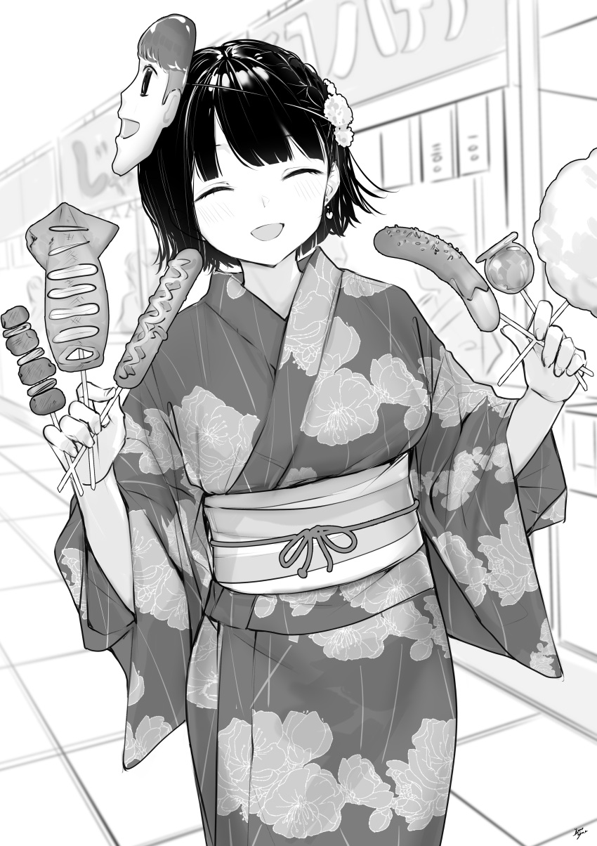 1girl :d ^_^ absurdres bangs between_fingers blush candy_apple chocolate_banana closed_eyes commentary_request cotton_candy floral_print food greyscale highres holding holding_food hot_dog ikayaki japanese_clothes kimono long_sleeves mask mask_on_head monochrome obi open_mouth original print_kimono sash short_hair skewer smile solo stall takenoko_no_you wide_sleeves