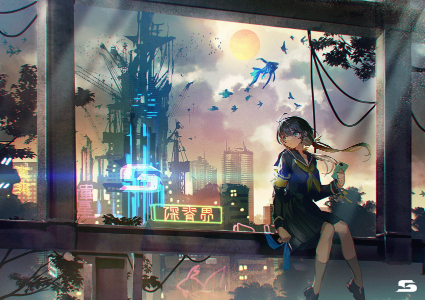 1girl ahoge armband bird black_hair black_skirt blue_eyes blush building building_block bush cloud fish hair_ornament hairclip highres holding holding_phone holding_ribbon looking_to_the_side moon moonlight necktie open_mouth original phone ponytail ribbon school_uniform sinsekai_city sitting skirt socks solo tree uniform x_hair_ornament