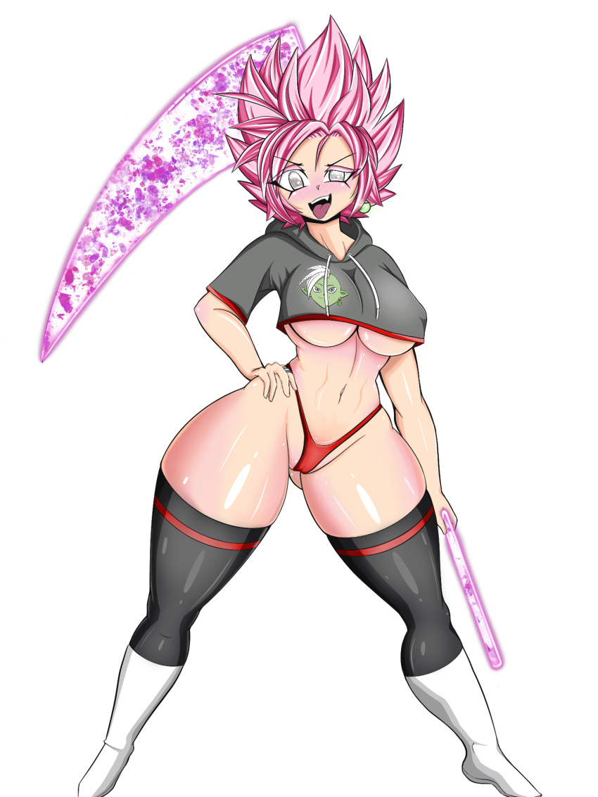 1girl artist_request black_legwear blush boots breasts character_print commentary cropped_jacket dragon_ball dragon_ball_super drawstring earrings energy_weapon english_commentary fang genderswap genderswap_(mtf) goku_black grey_eyes hand_on_hip high-waist_panties highres holding holding_scythe holding_weapon hood hood_down hoodie jewelry navel nose_blush open_mouth panties pink_hair potara_earrings red_panties scythe short_sleeves simple_background single_earring solo source_request spiked_hair standing stomach super_saiyan super_saiyan_rose thighhighs thong tongue tongue_out underboob underwear weapon white_background white_footwear zamasu