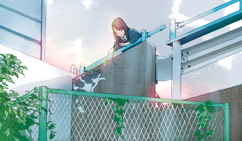 1girl black_legwear blue_jacket brown_hair building cat cattail chain-link_fence closed_eyes closed_mouth cloud commentary_request fence highres jacket kneehighs leaf leaning_on_rail long_hair long_sleeves original plant school_uniform sky solo wamizu