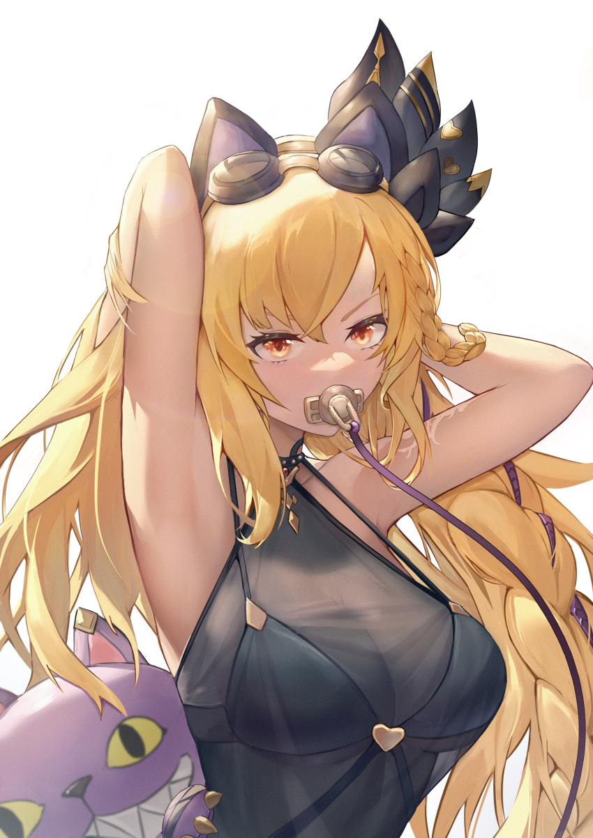 1girl absurdres animal_ears arms_up bangs bikini black_bikini blonde_hair braid breasts cleavage dark-skinned_female dark_skin eyewear_on_head fake_animal_ears granblue_fantasy hairband hand_in_hair heart helel_ben_shalem highres joker0744g long_hair medium_breasts orange_eyes pacifier see-through sidelocks simple_background solo stuffed_animal stuffed_toy swimsuit upper_body white_background