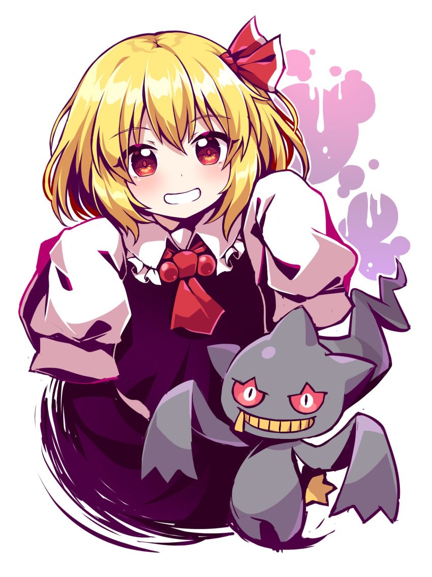 1girl 1other ascot banette black_dress blonde_hair blush caramell0501 collared_shirt crossover dress eyebrows_visible_through_hair gen_3_pokemon grin hair_between_eyes hair_ribbon highres pokemon pokemon_(creature) red_eyes red_neckwear red_ribbon ribbon rumia shirt short_hair sleeves_past_fingers sleeves_past_wrists smile touhou white_background white_shirt