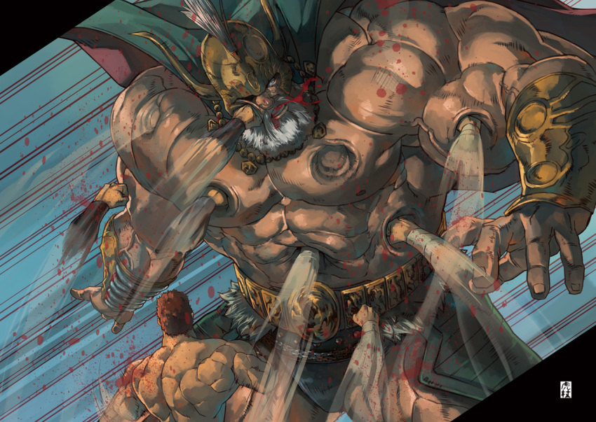 2boys afterimage arm_guards beard belt blood blue_eyes cape chain commentary_request facial_hair facing_viewer from_behind fur giant giant_male gold helmet hokuto_no_ken itadori_shuu jewelry kenshiro looking_away male_focus motion_lines multiple_boys muscular muscular_male necklace pants parted_lips punched punching short_hair size_difference spitting spitting_blood uighur veins winged_helmet