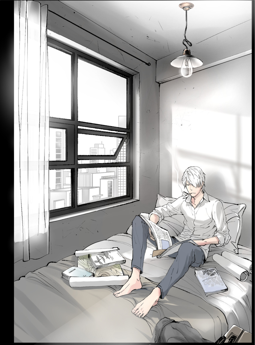 1boy barefoot bed book cigarette coat dress_shirt ginko hair_over_one_eye highres indoors male_focus mushishi pillow reading rumamss shirt sitting smoke smoking solo white_hair white_shirt window