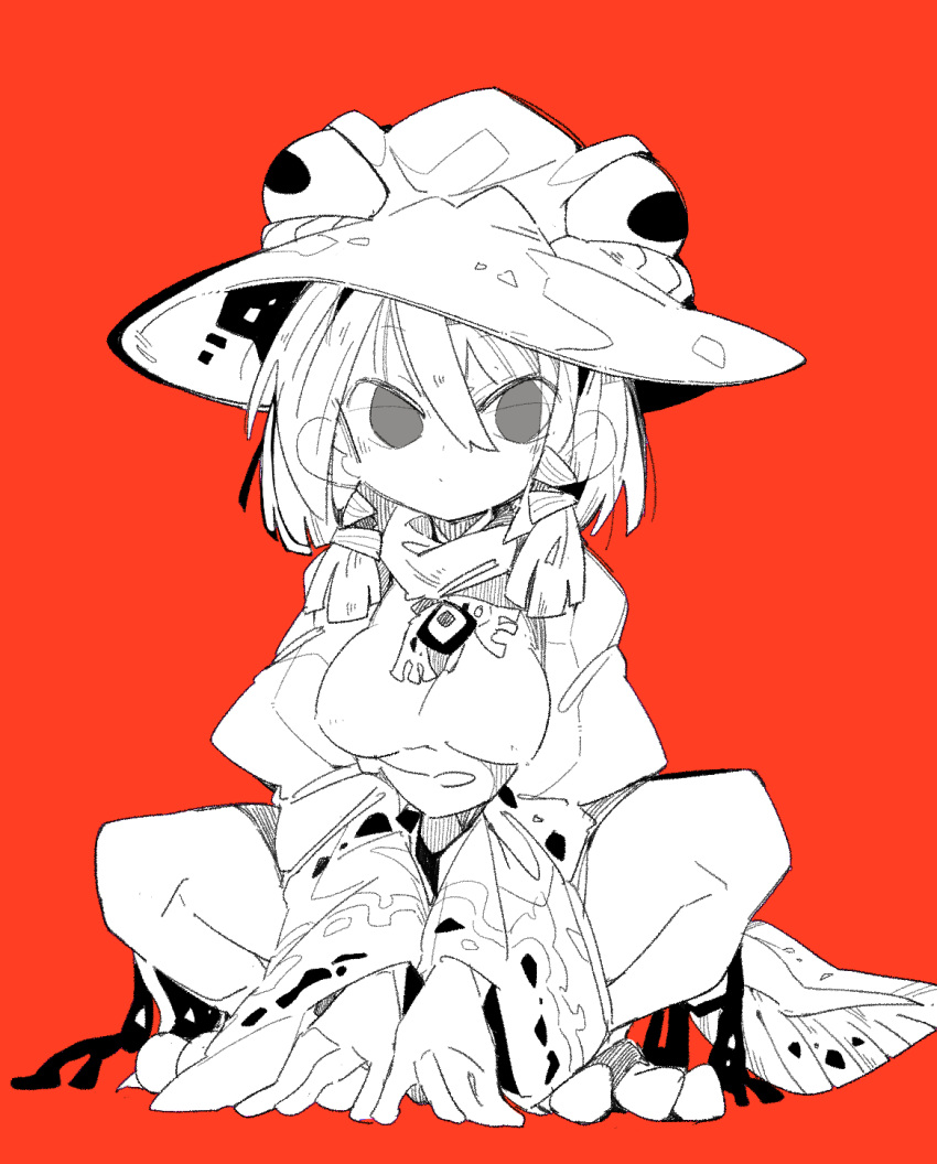 1girl adapted_costume breasts frog_girl full_body hair_between_eyes hair_ribbon hat highres long_sleeves looking_at_viewer massakasama medium_breasts medium_hair monochrome monster_girl moriya_suwako red_background ribbon shirt simple_background solo squatting tadpole_tail touhou tress_ribbon turtleneck