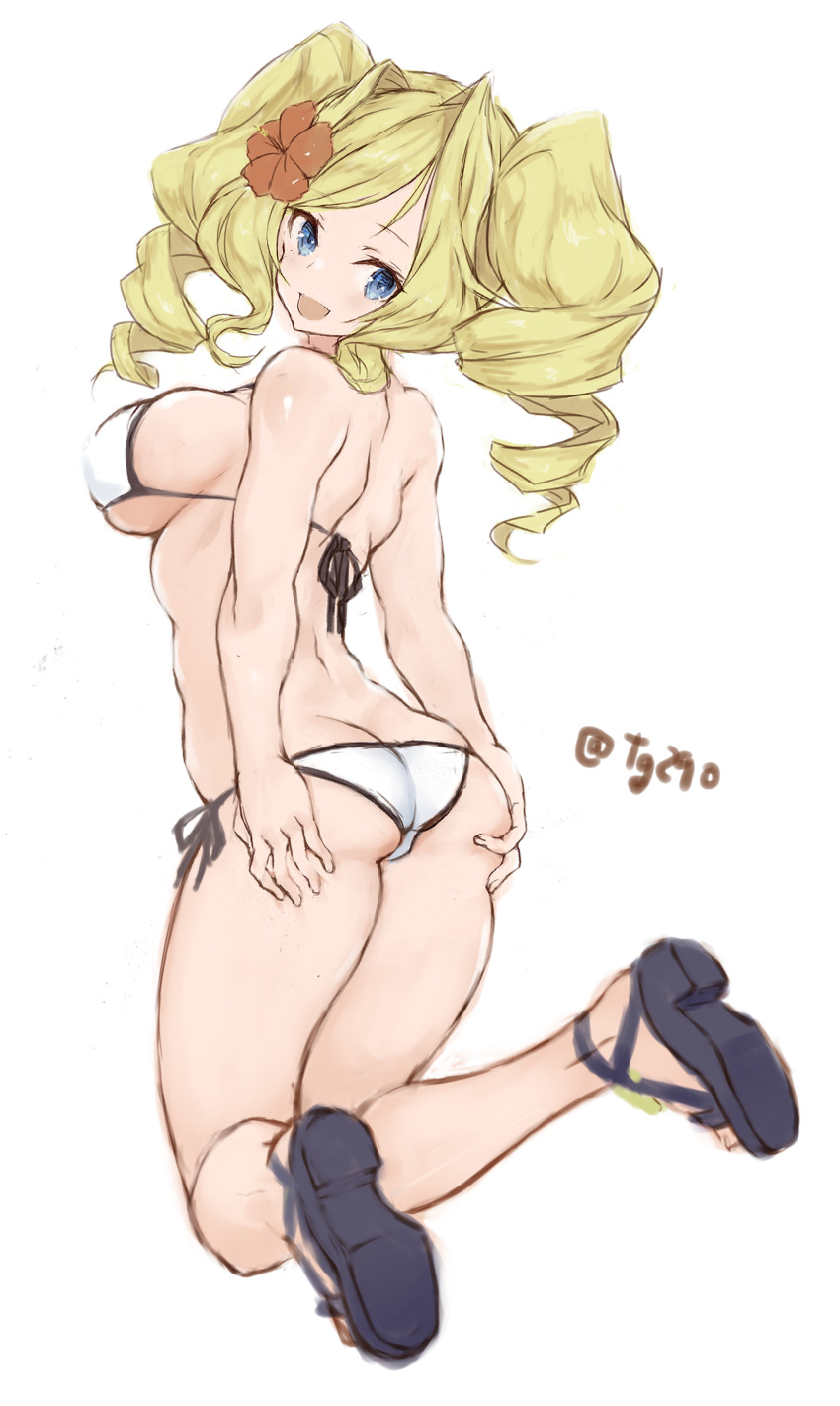 1girl absurdres ass ass_grab back bangs bare_shoulders bikini blonde_hair blue_eyes blush breasts drill_hair eyebrows_visible_through_hair flower from_behind grabbing_own_ass hair_flower hair_intakes hair_ornament hands_on_ass highres honolulu_(kancolle) kantai_collection kneeling large_breasts long_hair looking_at_viewer looking_back open_mouth ryo_(tg290) sandals shoulder_blades sideboob smile solo spread_ass swimsuit twin_drills twintails white_bikini