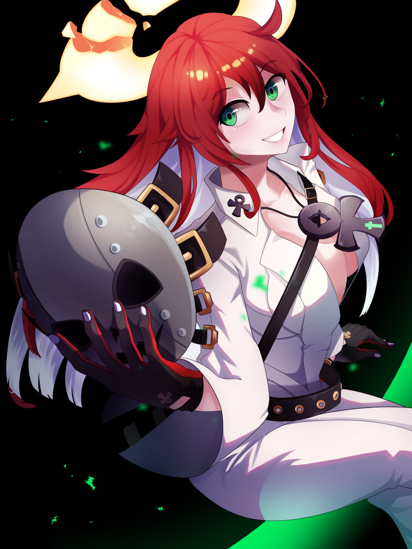 1girl absurdres ankh ankh_necklace aria_(guilty_gear) bangs broken_halo cross green_eyes guilty_gear guilty_gear_strive hair_between_eyes halo highres jack-o'_valentine korean_commentary long_hair mask mask_removed red_hair smile user_rrxy7753