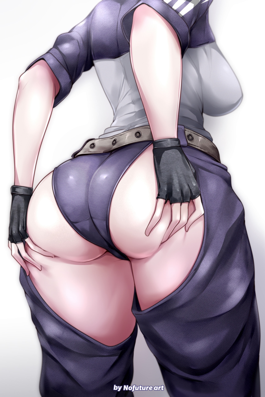 1girl ass ass_focus ass_grab black_gloves breasts chaps close-up commission fingerless_gloves from_behind girls'_frontline gloves grabbing_own_ass highres lower_body medium_breasts mg5_(girls'_frontline) nofuture short_sleeves solo