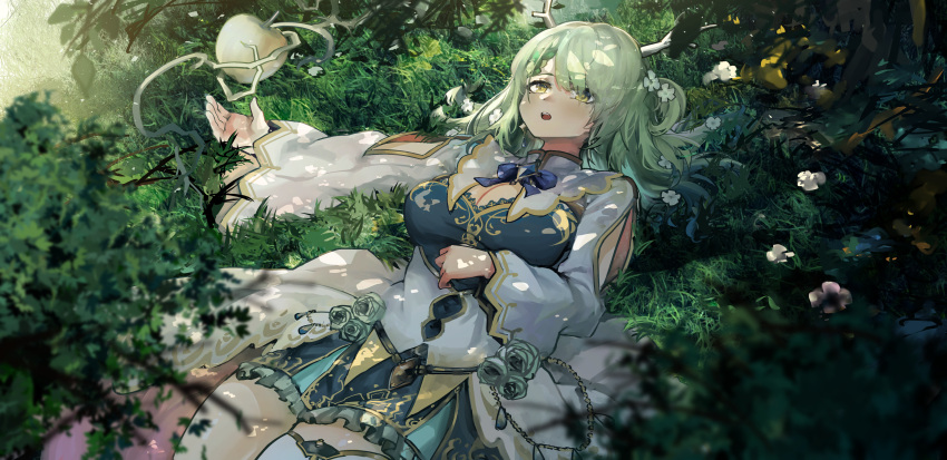1girl absurdres apple breasts ceres_fauna cleavage elbow_cutout flower food from_above fruit grass green_hair hair_flower hair_ornament highres hololive hololive_english horns large_breasts long_hair long_sleeves looking_away lying mole mole_under_eye on_grass open_mouth solo virtual_youtuber vyragami yellow_eyes