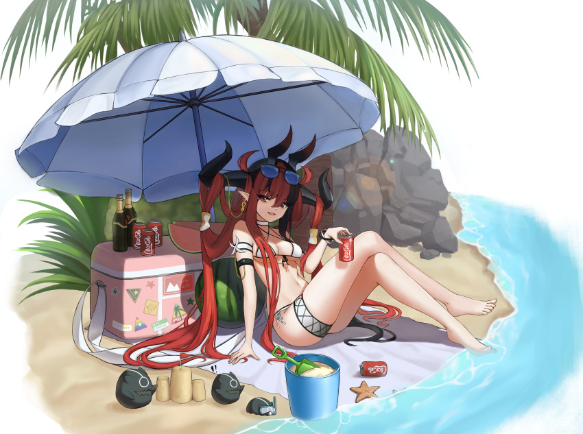 $hu 1girl absurdres alchemy_stars alternate_costume arm_strap barefoot beach beach_towel bikini black_eyes black_hair bottle bracelet breasts bucket can choker coca-cola commentary cooler earrings eyewear_on_head food front-tie_top fruit full_body heterochromia highres holding holding_can horns huge_filesize jewelry long_hair looking_at_viewer mini_flag multicolored_hair open_mouth outdoors palm_tree pointy_ears red_eyes red_hair rock sand sand_castle sand_sculpture schummer_(alchemy_stars) shore shovel side-tie_bikini simple_background sitting small_breasts solo starfish sunglasses swimsuit thigh_strap towel tree two-tone_hair very_long_hair water watermelon watermelon_slice white_background wine_bottle