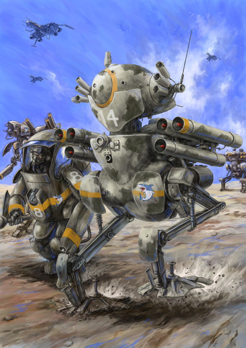 1boy absurdres brown_eyes dust gas_mask highres huge_filesize looking_ahead maschinen_krieger mask mecha mecha_request military pka_gustav power_armor rocket_launcher running science_fiction screw walker weapon zandan_zero_to_na!?