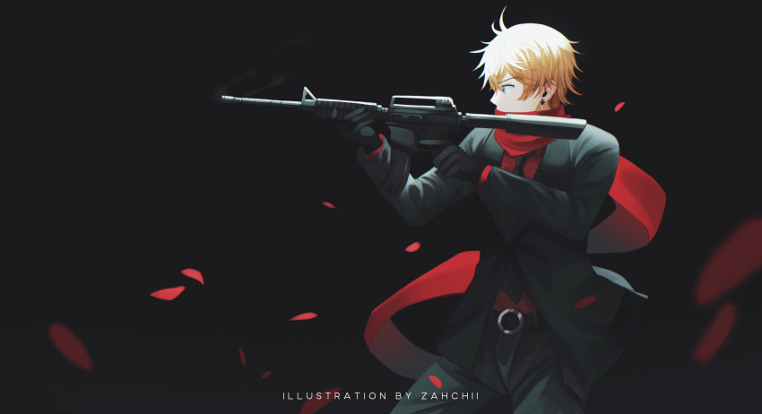 1boy artist_name belt black_gloves black_jacket black_pants blue_eyes earrings falling_petals formal genshin_impact gloves gun highres holding holding_gun holding_weapon jack jacket jewelry male_focus necktie orange_hair pants petals red_scarf red_shirt rose_petals scarf shirt short_hair solo suit tartaglia_(genshin_impact) weapon zahchii_(airiakasaki)