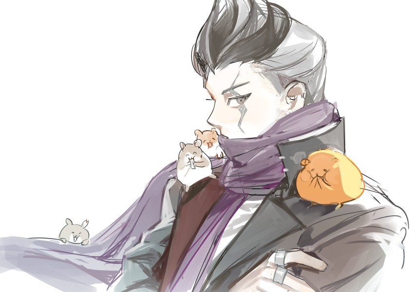 1boy animal_on_shoulder bangs black_hair black_jacket cham-p commentary_request covered_mouth danganronpa_(series) danganronpa_2:_goodbye_despair eating food grey_eyes grey_hair grey_shirt hamster highres jacket jewelry jum-p long_sleeves maga-g multicolored_hair pink_scarf profile ring scarf shirt short_hair simple_background sketch sun-d tanaka_gandamu tanu0706 two-tone_hair upper_body white_background