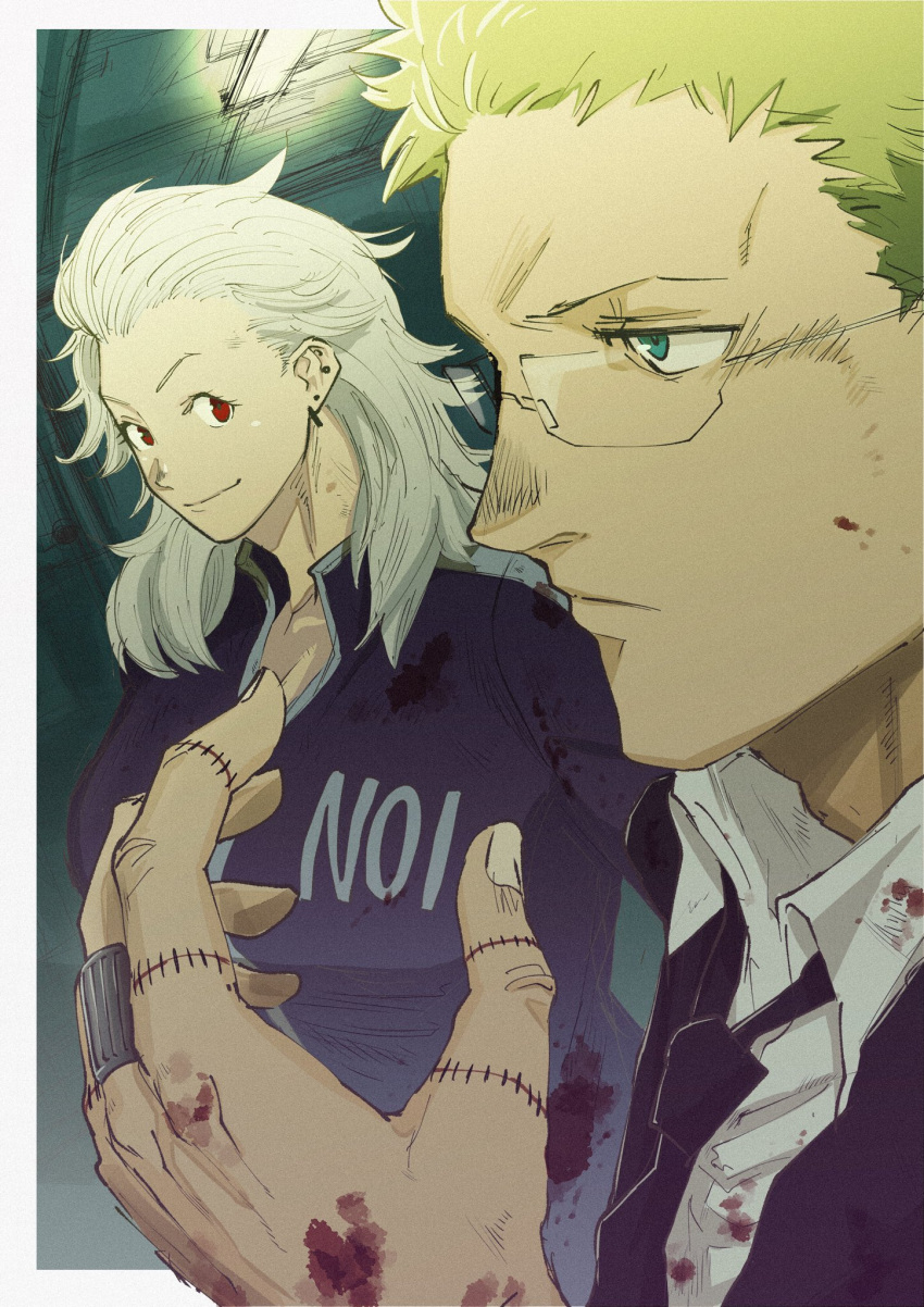 1boy 1girl blonde_hair blood blue_eyes breasts closed_mouth dorohedoro earrings formal glasses highres jewelry long_hair looking_at_viewer necktie noi_(dorohedoro) red_eyes riku_(ukir125) shin_(dorohedoro) smile stitches suit white_hair