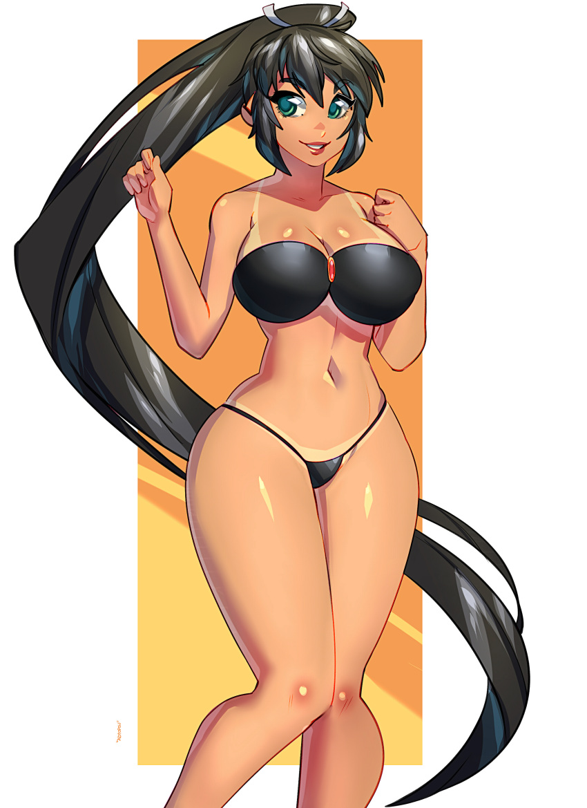 1girl absurdres bikini bikini_tan black_bikini black_hair breasts carlos_javier commission cowboy_shot dark-skinned_female dark_skin eyebrows eyebrows_visible_through_hair green_eyes highres homura_(senran_kagura) large_breasts navel orange_background ponytail senran_kagura shiny shiny_hair shiny_skin smile swimsuit tan tanlines thighs white_background