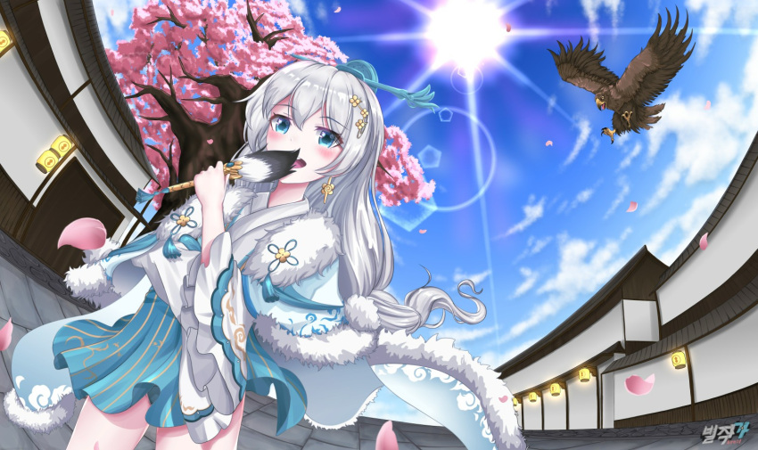 1girl architecture bangs bird blue_eyes blue_sky byeoljagga cherry_blossoms chinese_clothes cloud cloudy_sky commission earrings east_asian_architecture hair_between_eyes hair_ornament hand_fan hawk highres holding holding_fan honkai_(series) honkai_impact_3rd jewelry lantern looking_at_viewer open_mouth outdoors petals sky solo sun teeth theresa_apocalypse theresa_apocalypse_(starlit_astrologos) tree white_hair zhuge_kongming_(honkai_impact)