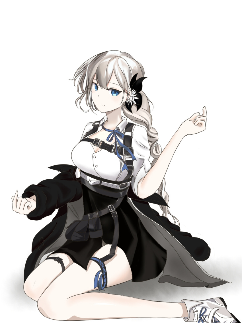 1girl apc556_(girls'_frontline) ashijinshusui belt black_jacket black_skirt blue_eyes blue_ribbon braid braided_ponytail breasts closed_mouth eyebrows_visible_through_hair flower girls'_frontline hair_flower hair_ornament hand_up highres jacket jacket_pull long_hair looking_at_viewer medium_breasts neck_ribbon on_floor ribbon shirt shoes silver_hair sitting skirt sneakers solo suspender_skirt suspenders white_background white_shirt