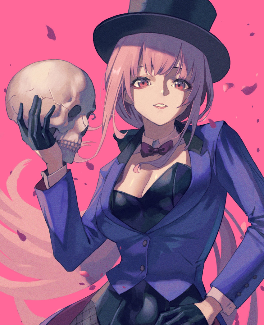 1girl bangs black_gloves black_hair black_headwear black_skirt blue_jacket breasts cleavage gloves hand_on_hip highres holding holding_skull hololive hololive_english jacket long_hair looking_at_viewer mori_calliope necktie open_mouth pink_background pink_hair ponytail purple_neckwear red_eyes simple_background skirt skull smile solo sooon standing very_long_hair