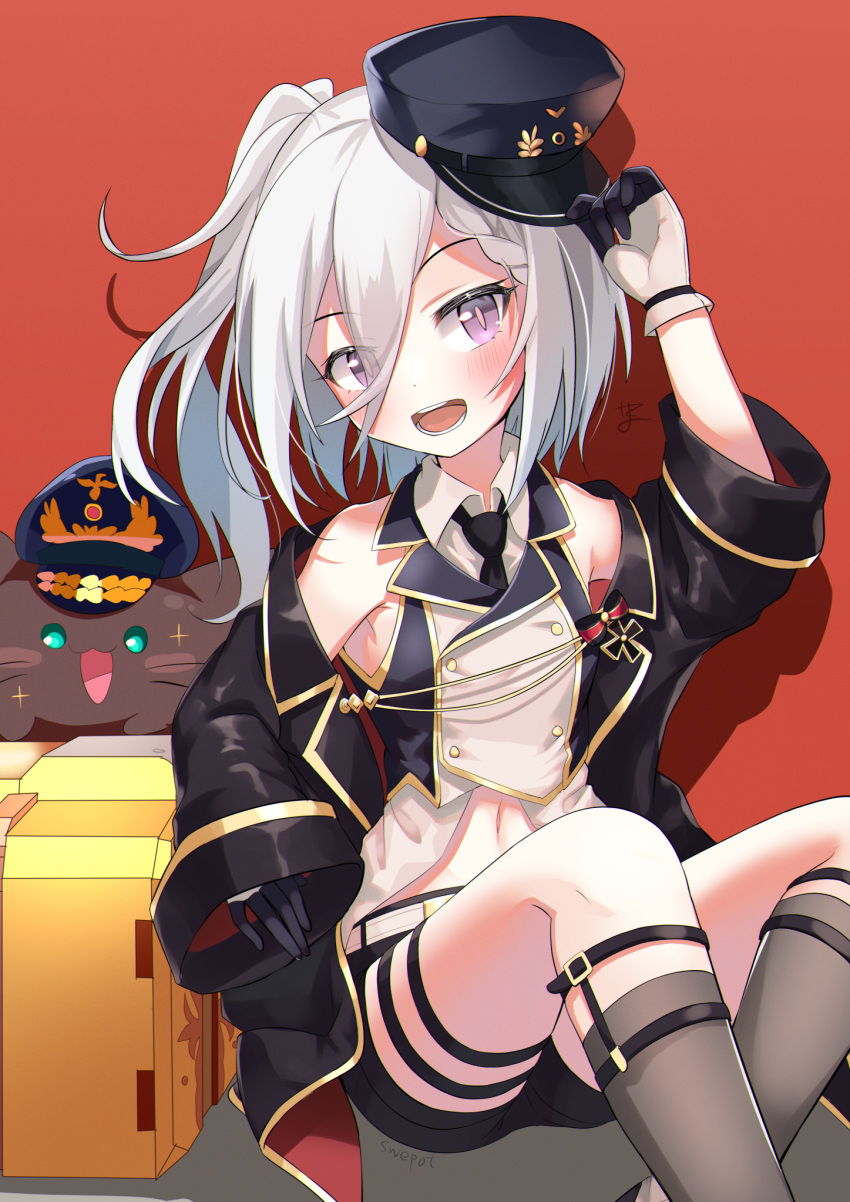 1girl :d armpits azur_lane bangs bare_shoulders belt black_gloves black_headwear black_jacket black_neckwear black_shorts blush braid buttons cat collared_shirt commentary_request crossed_bangs double-breasted drop_shadow eyebrows_visible_through_hair flat_chest gloves grey_legwear hair_between_eyes hat highres holding holding_clothes holding_hat iron_cross jacket kneehighs leg_garter long_hair long_sleeves looking_at_viewer meowfficer_(azur_lane) midriff navel necktie off_shoulder one_side_up open_mouth partial_commentary purple_eyes red_background retrofit_(azur_lane) shadow shirt short_shorts shorts sidelocks signature simple_background sitting sleeveless sleeveless_shirt smile solo_focus swepot tech_box_(azur_lane) teeth two-tone_gloves vest white_belt white_gloves white_hair white_shirt z1_leberecht_maass_(azur_lane)