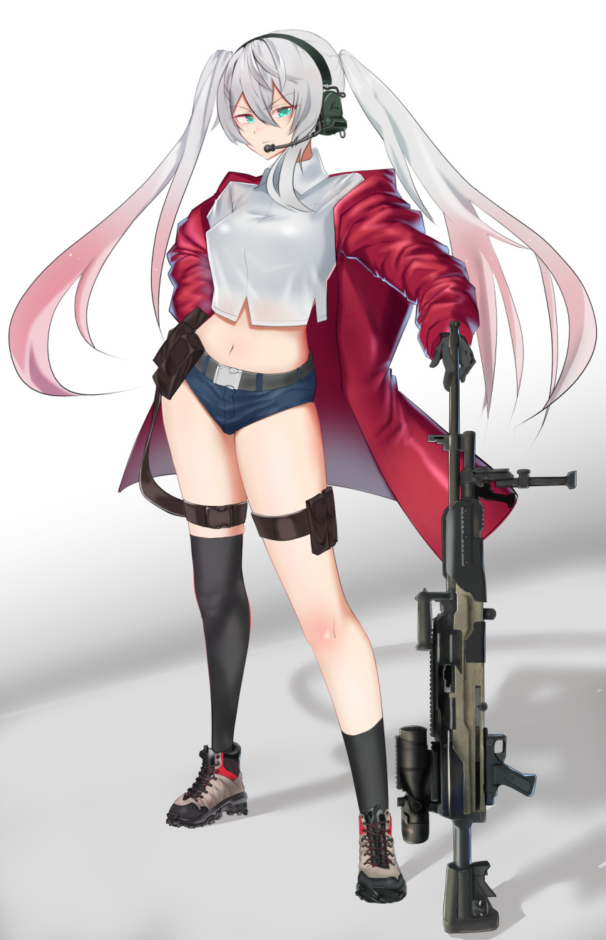 1girl aqua_eyes asymmetrical_legwear belt black_gloves black_legwear closed_mouth denim denim_shorts eyebrows_visible_through_hair general_dynamics_lwmmg girls'_frontline gloves gun hand_on_back headphones highres holding holding_weapon jacket long_hair looking_at_viewer lwmmg_(girls'_frontline) machine_gun multicolored_hair open_clothes open_jacket red_jacket saturndxy shirt shoes shorts silver_hair sneakers solo standing twintails weapon white_background white_shirt