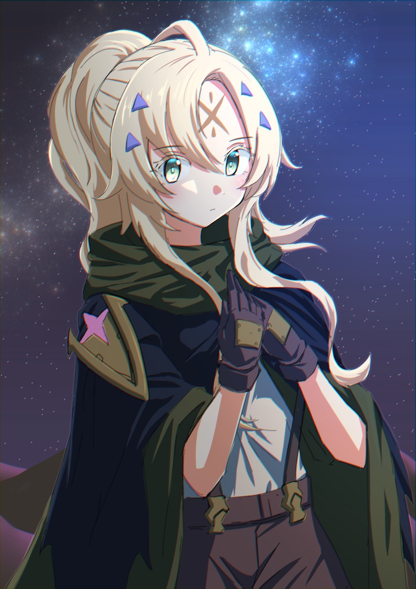 1girl absurdres blonde_hair cloak commentary dogmatika_ecclesia_the_virtuous duel_monster eyebrows_visible_through_hair facial_mark forehead_mark gloves green_eyes hair_ornament hands_on_own_chest highres kakutasu_(akihiron_cactus) long_hair looking_at_viewer ponytail sky solo star_(sky) starry_sky suspenders yu-gi-oh!