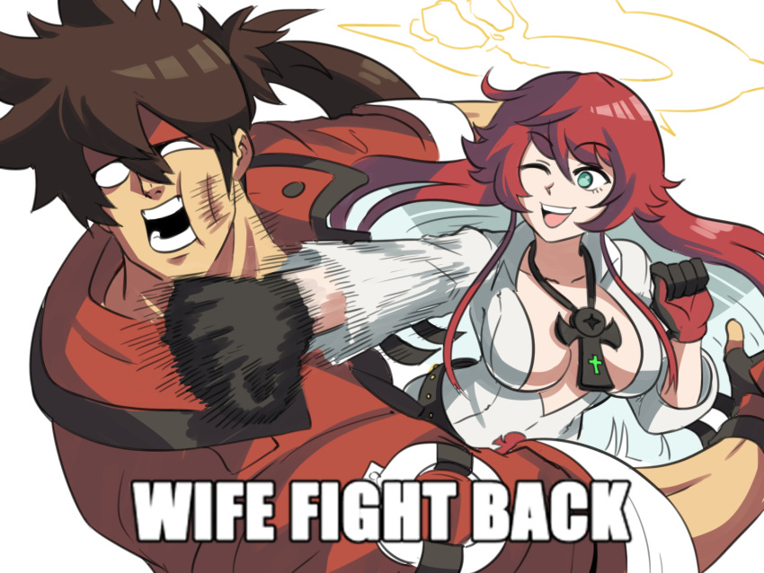 1boy 1girl bangs black_gloves bodysuit breasts brown_hair cleavage couple emphasis_lines face_punch fingerless_gloves gloves guilty_gear guilty_gear_strive halo headband highres husband_and_wife impact_(font) in_the_face jack-o'_valentine long_hair macro medium_breasts meme multicolored_hair muscular muscular_male ponytail punching red_hair smile sol_badguy spiked_hair tina_fate two-tone_hair white_hair