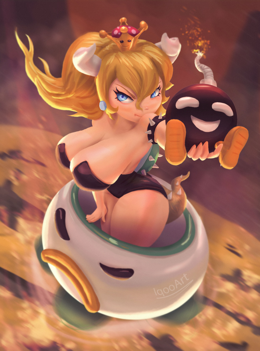 1girl absurdres armlet artist_name black_leotard blonde_hair blue_eyes bob-omb bowsette breasts cleavage closed_mouth commentary crown english_commentary fire floating_hair foreshortening fuse gatoki88 hair_between_eyes head_fuse highres holding horns huge_breasts koopa_clown_car leotard long_hair looking_at_viewer mario_(series) mini_crown new_super_mario_bros._u_deluxe ponytail self_upload signature solo spiked_armlet spiked_shell spiked_tail spikes strapless strapless_leotard super_crown tail turtle_shell