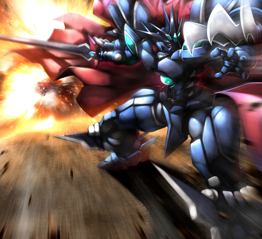 absurdres cape claw_(weapon) explosion haganef highres holding holding_sword holding_weapon huge_filesize mecha no_humans open_hand red_cape red_eyes solo super_robot super_robot_wars super_robot_wars_original_generation sword v-fin vaisaga weapon