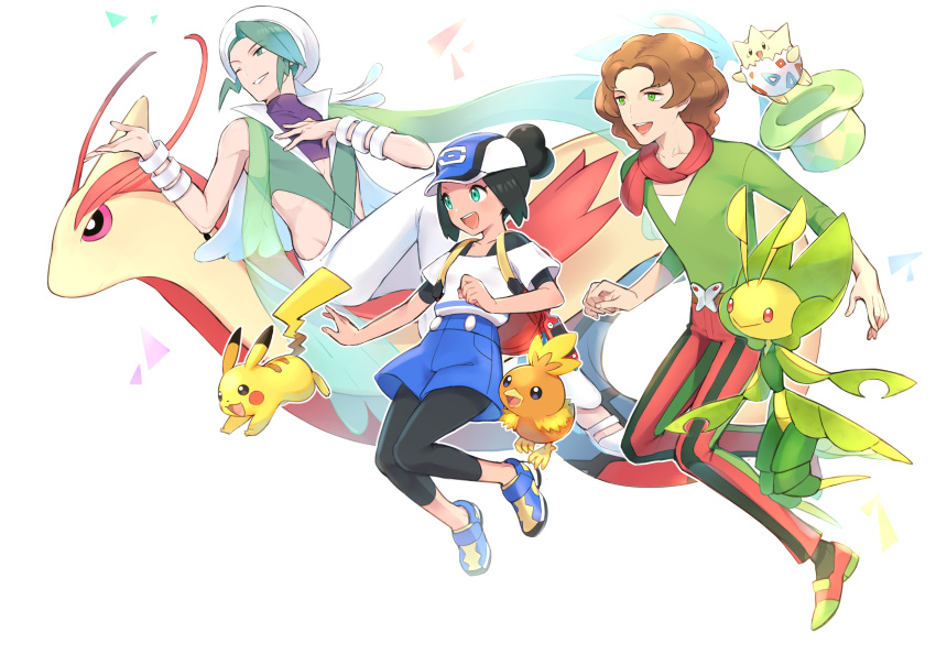 1girl 2boys :d absurdres aqua_vest backpack bag bangle baseball_cap belt bettie_(pokemon) black_hair black_legwear blue_footwear blue_headwear blue_shorts bracelet brown_hair burgh_(pokemon) buttons capelet commentary_request crop_top gen_1_pokemon gen_2_pokemon gen_3_pokemon gen_5_pokemon green_eyes green_shirt hair_bun hat high-waist_shorts highres jewelry leavanny leggings milotic multicolored_footwear multiple_boys one_eye_closed open_mouth pants parted_lips pikachu pokemon pokemon_(creature) pokemon_(game) pokemon_bw pokemon_masters_ex pokemon_oras purple_shirt red_bag scarf shirt shoes short_hair shorts skin_tight sleeveless sleeveless_shirt smile sneakers socks striped togetic torchic tudurimike undershirt v-neck vertical-striped_pants vertical_stripes wallace_(pokemon) white_capelet white_pants white_shirt yellow_footwear