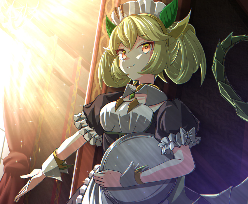 1girl absurdres bangs commentary curtains dragon_girl dragon_tail dragonmaid_parla duel_monster eyebrows_visible_through_hair hair_ribbon highres holding holding_tray huge_filesize indoors kakutasu_(akihiron_cactus) light light_green_hair maid maid_headdress orange_eyes outstretched_arm puffy_short_sleeves puffy_sleeves ribbon short_sleeves smile solo tail tray wrist_cuffs yu-gi-oh!