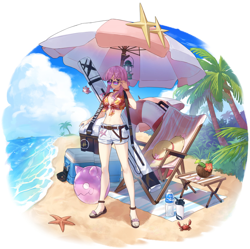 1girl absurdres alchemy_stars alternate_costume ankle_cuffs beach beach_towel beach_umbrella belt belt_buckle bottle breasts buckle bush chair cherry_blossoms chibi choker cleavage closed_mouth cloud cocktail_umbrella coconut cooler crab deck_chair dragon english_commentary flower full_body hat hawaiian_shirt hibiscus highres hiiro_(alchemy_stars) innertube jewelry kerosene_lamp long_hair looking_at_viewer medium_breasts navel necklace palm_tree pink_hair sandals scrunchie seashell shade shell shirt shore shorts sidelocks sikugi smile solo standing sun_hat sunglasses table tied_shirt towel tree umbrella water water_bottle weapon_bag white_background white_shorts wrist_scrunchie